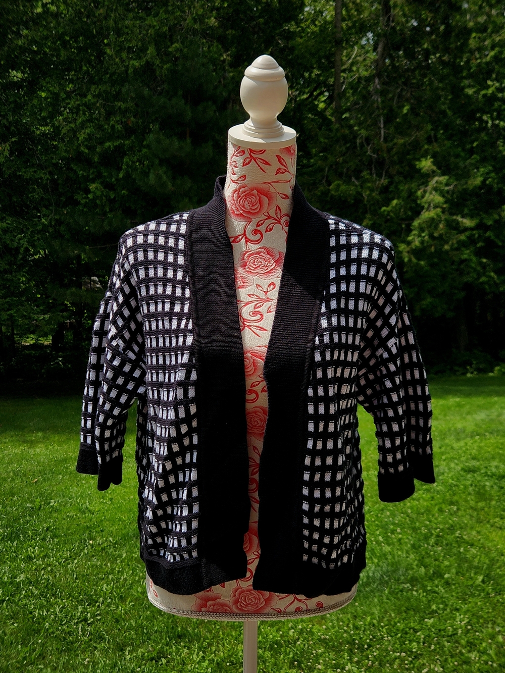 Worthington Black and White Open-Front Checkered Cardigan
